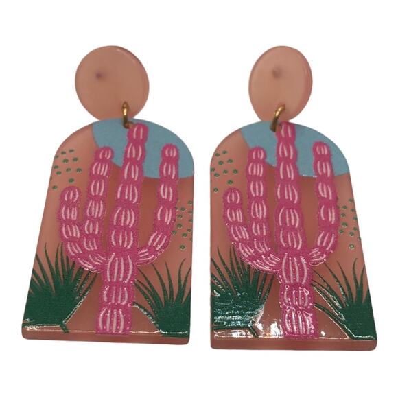 Prickly Pear Cactus Scene Post Dangle Earrings, Lightweight, Pink, Green,  Blue - Picture 2 of 5
